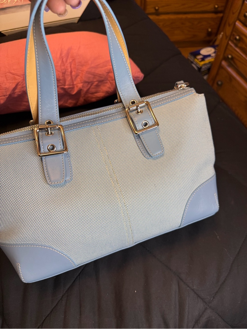 Coach Hamptons Vintage Canvas & Leather Tote Bag Y2K Baby Blue Zip Top #1842 - Picture 2 of 16